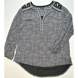 Lucky Brand Top Womens 1X Black White Embroidered Boho Lightweight Shirt Hi Low
